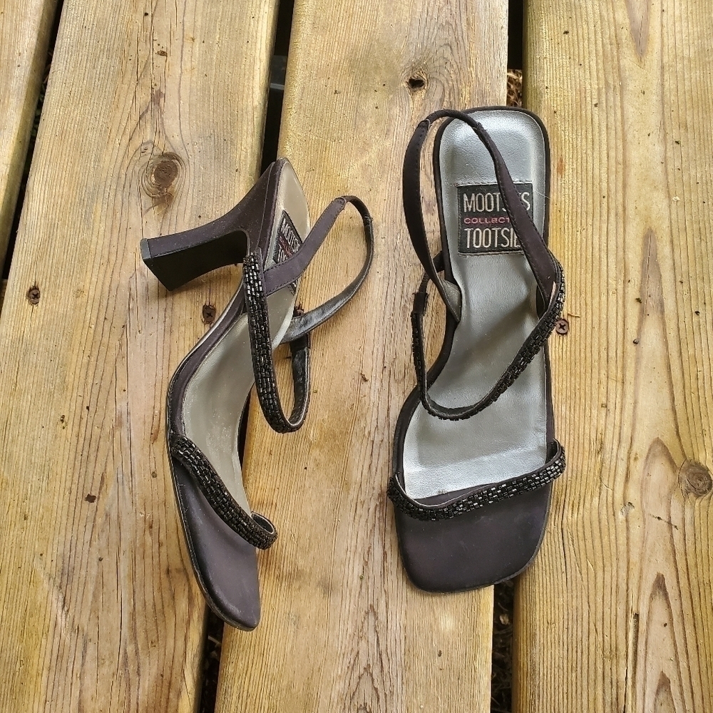 Vintage 90s Y2K Black Fabric‎ Beaded Rachel Green Square Toe Chunky Heel Sandals